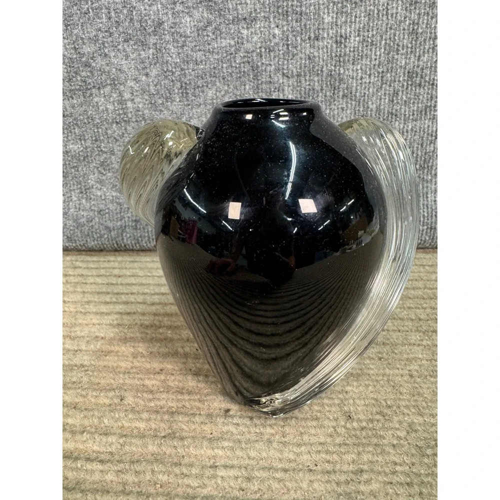 Vintage 1983 Two's Company Handblown Black Glass Vase Clear Ribbed Handles 7in